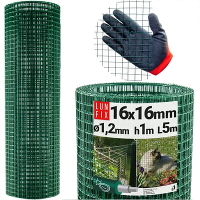 LUN FIX - Maschendrahtzaun PVC gecoat groen Ø1,2mm - hoogte 1m - lengte 5m - Volierendraad, konijndraad, kippenhek, konijnendraad, woelmuisgaas