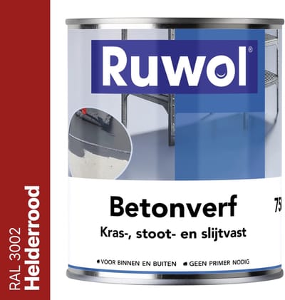 Ruwol Betonverf Helderrood (RAL 3002) 750 ml - Voor binnen en buiten - Alle kleuren - Kras-, stoot- en slijtvaste verf voor beton en steen - Betonverf voor buiten