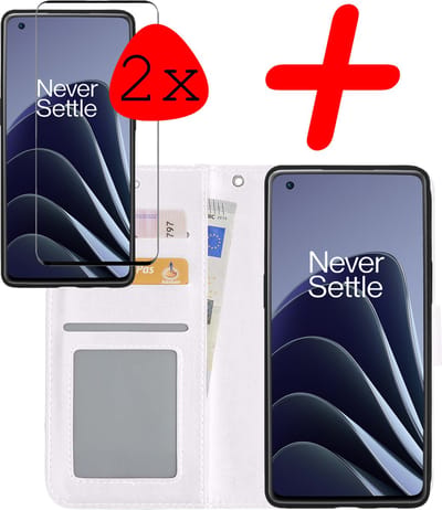 Hoesje Met 2x Screenprotector - Geschikt voor OnePlus 10 Pro - Luxe Pasjeshouder - Bookcase Portemonee - Flip Case - Kunstleer Book Case - Flipcase Hoes - Book Cover - Walletcase - Portemonneehoes - Wit