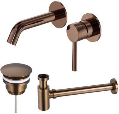 FugaFlow Eccelente Acces Slim Wastafelkraanset - inbouw wastafelkraan - always open plug - verlaagde design sifon - Geborsteld koper PVD (Koper)