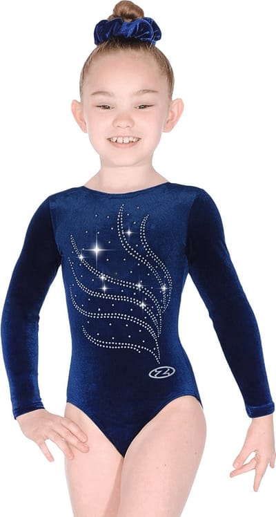Marineblauw effen velours Tiara turnpakje lange mouwen maat 104-110 meisjes gympakje blauw blauwe donkerblauw donkerblauwe marine navy velourse fluweel fluwelen stretch steentjes