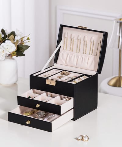 Eleganca Sieradendoos - 17,2 x 13.7 x 15 cm - Sieradenhouder met 3 Lades - Juwelenkistje - 5 Niveaus Sieradenbox - Opbergdoos voor Sieraden - Zwart
