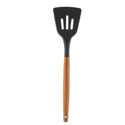 Siliconen Keukengerei Thuis Restaurant Kookgerei met Houten Handvat(Sleufspatel) black