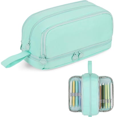 Etui, Grote Etui met 4 Vakken, Etui voor Schoolbenodigdheden, Grote Etui met Handvat voor Kinderen, Dames, Heren, voor School en Kantoor（Groen）
