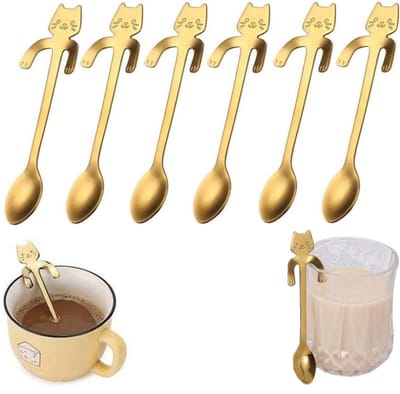 6 stuks - Koffielepel in de vorm van een kat - roerlepel - honinglepel - Dessert Bestek - Koffielepel - watermeloenlepels - cake dessertlepel - Theelepels - ijslepels - goud - 11,7 × 1,8 cm - geschikt voor keuken, theekransje, feest