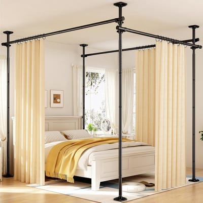 HOMESY Ruimteverdeler zonder boren, vrijstaande gordijnroede, hoogte (122-305 cm), breedte (70-380 cm), verstelbaar, stabiele roestvrijstalen scheidingswand voor elke kamer, zwart