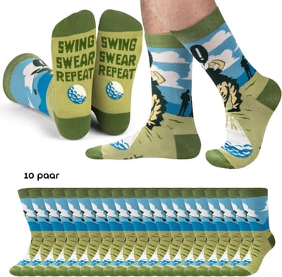 10 paar Grappige Sokken voor Golfers met tekst: Swing, Swear, Repeat - Golf socks Dames/Heren maat 38 tot 44 - x10