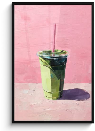 Poster in lijst - Fotolijst 80x120 cm - Posters - Beker - Rietje - Minimalistisch - Groen - Posterlijst zwart - Decoratie - Wanddecoratie woonkamer - Muurdecoratie slaapkamer