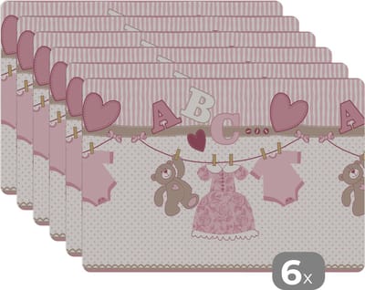 Placemat - Placemats kunststof - Baby kleren - Meisje - Knuffelbeer - Waslijn - Design - 45x30 cm - 6 stuks - Hittebestendig - Anti-Slip - Onderlegger - Afneembaar
