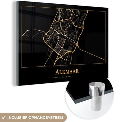 MuchoWow® Glasschilderij 60x40 cm - Schilderij acrylglas - Kaart - Alkmaar - Luxe - Goud - Zwart - Foto op glas - Schilderijen