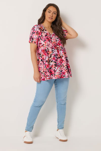Yours Roze En Zwarte Top Met Bloemenprint En Broderie Anglaise Size 42