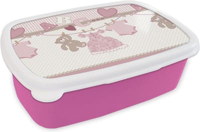 Broodtrommel Roze - Lunchbox - Brooddoos - Baby kleren - Meisje - Knuffelbeer - Waslijn - Design - 18x12x6 cm - Kinderen - Meisje
