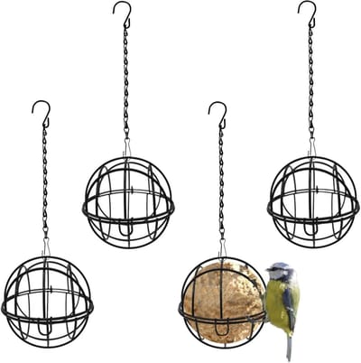 Set van 4 hangende vogelvoederhuisjes voor buiten, gemaakt van roestbestendig metaal, 7,5 cm in diameter, met 4 S-haken, geschikt voor terrassen, balkons, tuinen, enz., zwart.