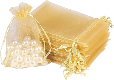 Set van 100 Organza Tassen voor Verpakking van Snoep, Cadeaus en Bruiloften, Goudkleurig, Diverse Maten
