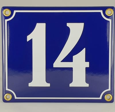 Huisnummer Bord - Emaille Nummer - Huis Identificatie - Handgemaakt Design - Nummer 14 - Blauw Wit