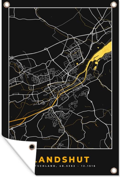 Muurdecoratie Black and Gold – Stadskaart – Landshut – Duitsland – Plattegrond – Kaart - 120x180 cm - Tuinposter - Tuindoek