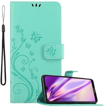 Cadorabo Hoesje geschikt voor Huawei Y5 2019 / Enjoy Play 8 / Honor 8S in BLOEMEN TURKOOIS - Beschermhoes in bloemmotief met magnetische sluiting, standfunctie en kaartsleuven Book Case Cover Etui