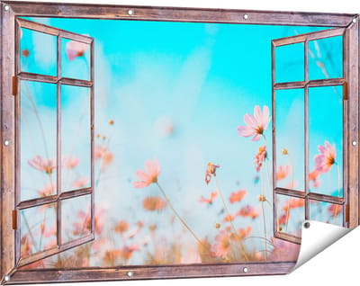 Gards Tuinposter Doorkijk Paarse Kosmos Bloemen - 120x80 cm - Tuindoek - Tuindecoratie - Wanddecoratie buiten - Tuinschilderij