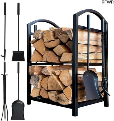 RFWR® Metalen haardhoutrek 45 x 30 x 74 cm - Inclusief gereedschap voor optimaal haardhoutopslag