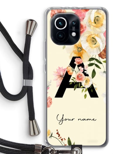 Gepersonaliseerd - Case Company® - Hoesje met koord geschikt voor Xiaomi Mi 11 hoesje met Koord - Flirty Flowers Monogram - Telefoonhoesje met Zwart Koord - Bescherming aan alle Kanten en Over de Schermrand