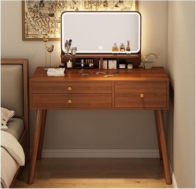 Kaptafel Met Spiegel - Make-up Tafel - Snel Klaarmaken - Verstelbaar LED Licht - 80x40cm - Houtkleur