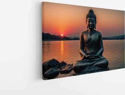 Saammp Canvas Schilderij - Boeddha bij het water tijdens Zonsondergang - 45x30 - Foto op canvas - Wanddecoratie - Muurdecoratie Woonkamer - Canvas schilderijen