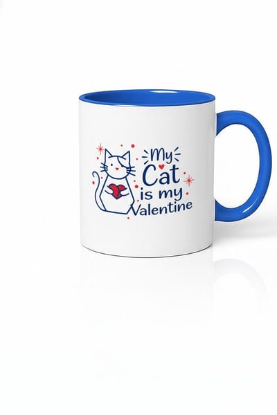 Valentijn Mok met Kat & Hart - My Cat is My Valentine - Blauw/Wit Keramiek Cadeau