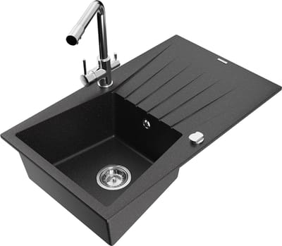 Mexen Cesar granieten spoelbak 1-komorige met afdruipgedeelte en keukenkraan Duero, zwart/zilver metallic - 6514-73-671600-00