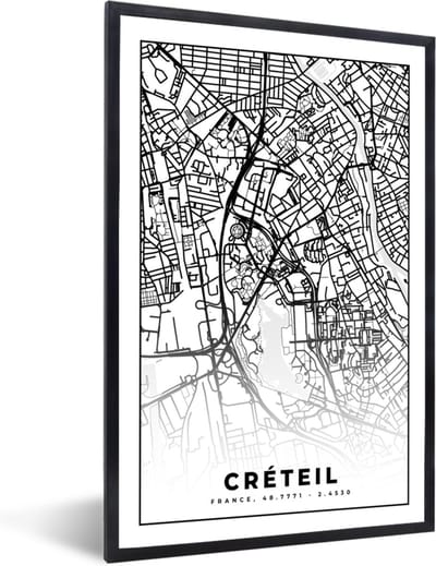 Fotolijst incl. Poster Zwart Wit- Stadskaart - Créteil - Plattegrond - Kaart - Frankrijk - Zwart wit - 40x60 cm - Posterlijst