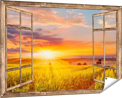 Gards Tuinposter Doorkijk Zonsopgang op het Ma�sveld - 150x100 cm - Tuindoek - Tuindecoratie - Wanddecoratie buiten - Tuinschilderij