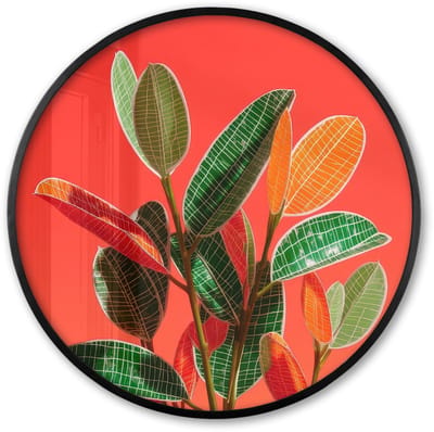 Poster in lijst Rond - Fotolijst 60x60 cm - Posters - Bladeren - Nerven - Oranje - Structuur - Ronde posterlijst zwart - Decoratie - Wanddecoratie woonkamer - Muurdecoratie slaapkamer