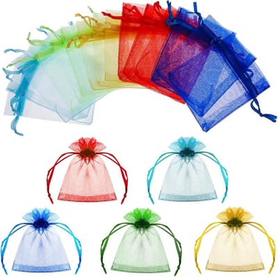 100 Stuks Kleine Organza Zakjes 7 x 9 cm Mix Kleur Geschenk Trekkoord Zakken voor Sieraden, Bruiloft, Partij, Snoep, Zeeschelp, Chocolade - Mesh Zakjes