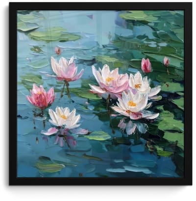 Poster in lijst - Fotolijst 40x40 cm - Posters - Waterlelies - Bloemen - Roze - Water - Posterlijst zwart - Decoratie - Wanddecoratie woonkamer - Muurdecoratie slaapkamer
