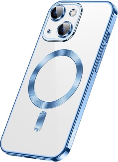Hoesje Geschikt voor Apple iPhone 13 silicone Back cover met lenzbeschermer/Magsafe compatible /magneet case Telefoonhoesje/transparant met Blauw randen