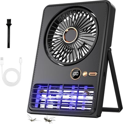Tafelventilator-draagbare ventilator-bureau ventilator-buiten ventilator-draagbare oplaadbare ventilator - Ventilator met muggenlamp - 90° kantelbaar en inklapbaar - 5 instelbare snelheden - Geschikt voor bureaus, slaapkamers en kamperen - Zwart