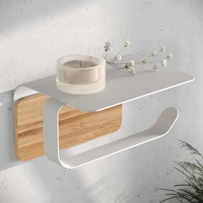 PromoHome Designer Toiletrolhouder met plank, Wandgemonteerd & zelfklevend WitBeige (geen boren nodig)