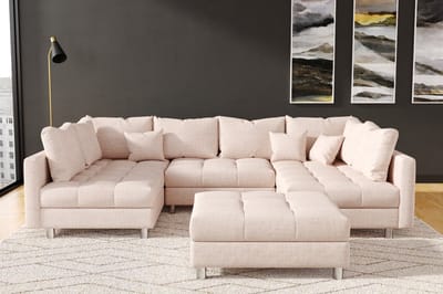 hoekbank kent U- beige- met poef(hocker)- hoeksalon kent wooneiland- zetelsenbedden