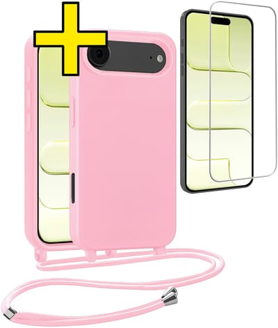 Hoesje Geschikt voor iPhone Air Hoesje Met Koord Met Screenprotector Siliconen Case - Hoes Geschikt voor iPhone Air Backcover Met Afneembaar Koord - Lichtroze