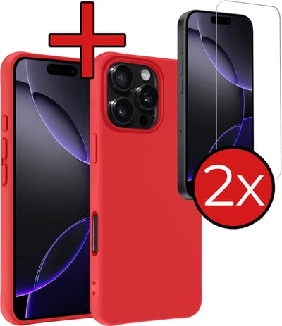 Hoesje - Met 2x Screenprotector - Geschikt voor Apple iPhone 16 Pro - Sterk & Shockproof - Telefoon Hoes - Back Cover - Siliconen Case - Telefoonhoes - Rood