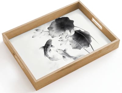 Dienblad hout 40x30 cm - Schootdienblad - Lotusbloemen - Vissen - Bladeren - Zwart - Borrelplank rechthoek - Plateau dienbladen