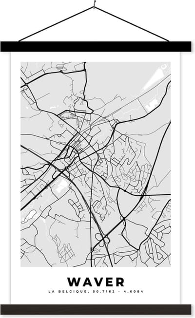 Posterhanger incl. Poster 40x60 cm - Schoolplaat - Stadskaart – Zwart Wit - Kaart – Waver – België – Plattegrond - Textielposter - Zwarte latten - Stadskaart