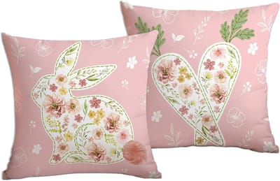 Set van 2 Kussenhoezen 45 x 45 cm met Konijnen en Bloemen voor Lente Decoratie, Perfect voor Sofa en Paasfeest