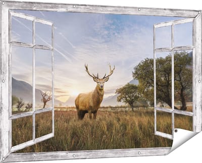 Gards Tuinposter Doorkijk Hert in het Landschap - 150x100 cm - Tuindoek - Tuindecoratie - Wanddecoratie buiten - Tuinschilderij