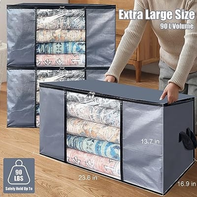 Duurzame 90L Opbergzakken - Opbergcontainers voor Kleding en Dekens, Stevige Geweven Stof, Inklapbaar met Rits, 6 Stuks