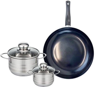 Set van 1 Koekenpan 28 cm en 2 kookpotten 12 en 16 cm Elo Prima Glanzend