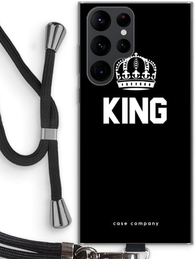 Case Company® - Hoesje met koord geschikt voor Samsung Galaxy S22 Ultra hoesje met Koord - King zwart - Telefoonhoesje met Zwart Koord - Bescherming aan alle Kanten en Over de Schermrand
