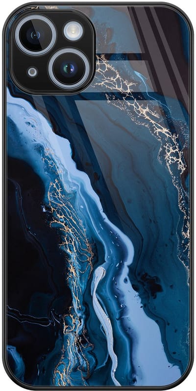 Hoesje geschikt voor iPhone 14 - Marmer kobaltblauw - Luxe Glazen Hardcase - Marmer - Blauw - Leuke Telefoonhoesjes