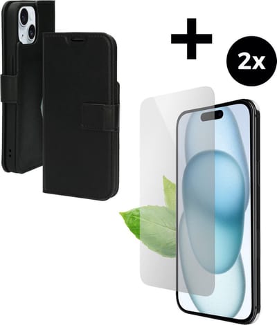 Mobiparts Classic Wallet hoesje geschikt voor Apple iPhone 15 met 2 Screenprotectors van Gerecycled Gehard Glas - Zwart