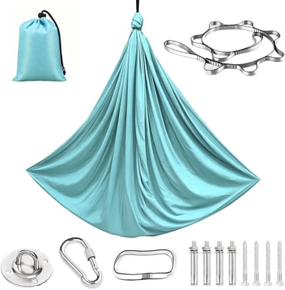 Hangmat en schommel - Yoga Aerea - Ontspanning en fitness - Huidvriendelijk katoen - 280 x 150 cm - Lichtblauw
