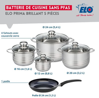 Set van 1 Koekenpan 24 cm en 4 kookpotten 12, 16, 20 en 24 cm Elo Prima Brillant